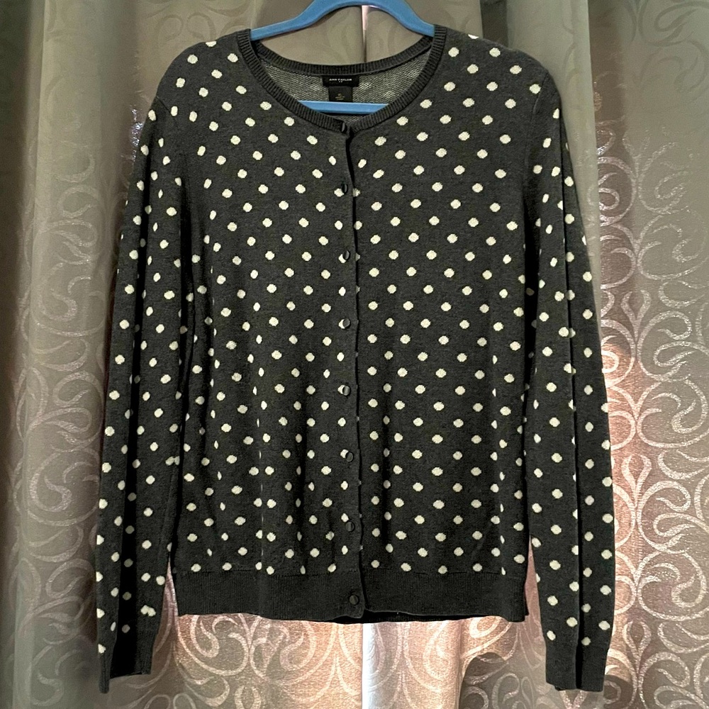 Ann Taylor Gray & White Polkadot Long Sleeve Button Up Sweater